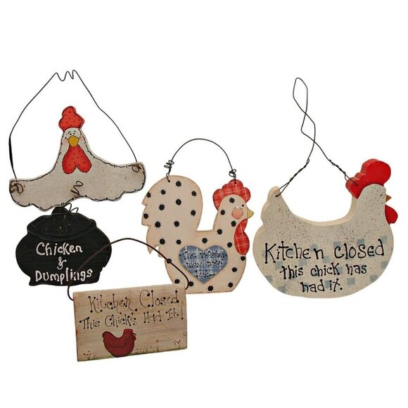 Lot of 4 Country Farm Chicken Rooster Wooden Signs Decor Kitchen Hanging Display - Picture 1 of 10